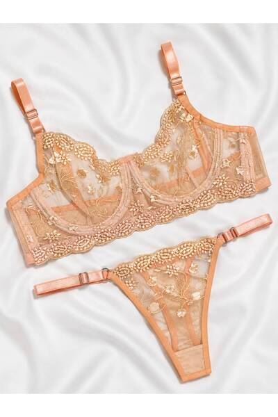mendoza store Salmon Color Tulip Floral Bralet Brode Bra Set