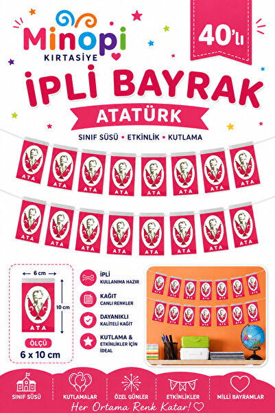 Minopi 40'lı İpli Bayrak Küçük Boy 6x10 cm 1 Paket Ata Bayrağı Kağıt İpli Sır...