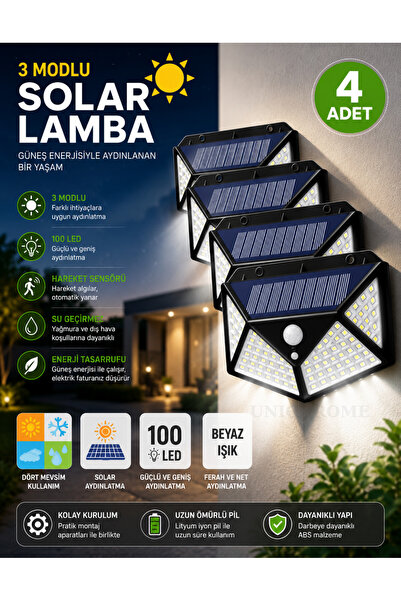 Unichrome 4'lü Paket 100 Led Güneş Enerjili Hareket Sensörlü 4 Taraflı Aplik ...
