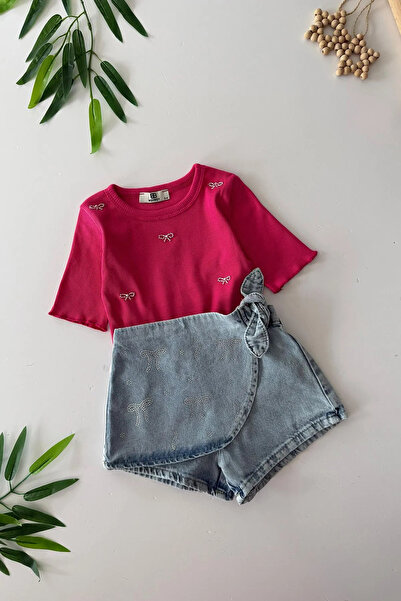 Minigimin Cicileri My Little One's Cicileri Bow Stone Detailed Denim Shorts G...