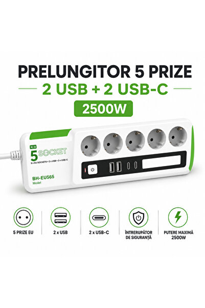 OEM Prelungitor electric cu 4 prize, cu porturi USB și Type-C, 2500W, protecț...