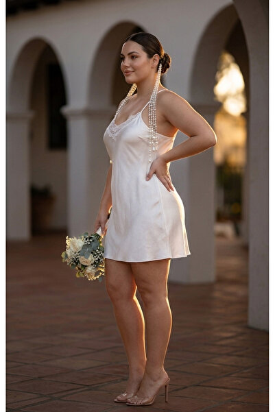 PICO fashion Büyük Beden Dantel Yaka Kısa Gecelik- Bridal & Balayı Koleksiyonu
