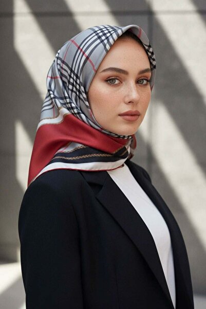 Vissona %100 Twill İpek Ekose Desenli Bordo Renkli 90x90 Eşarp Dikim Şekli : ...