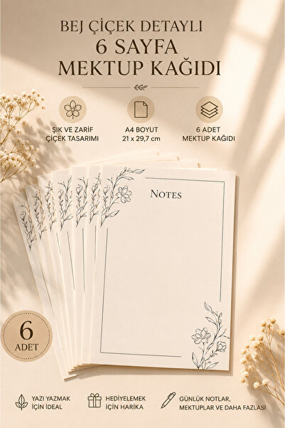 Organik Yolda Beige Floral Detailed Letter Note Paper (A4 Size)