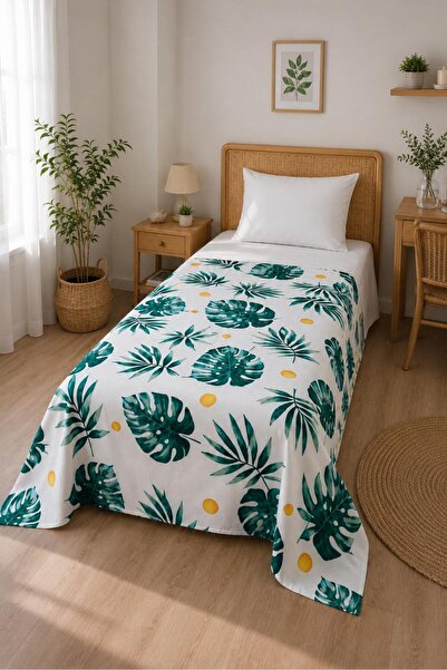 Eponj Home Tek Kişilik Doğal Pike Baskılı Monstera Yeşil