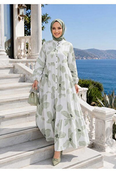Hb Harma Time Butik Women's Buttoned Patterned Modal Fabric Khaki Dress