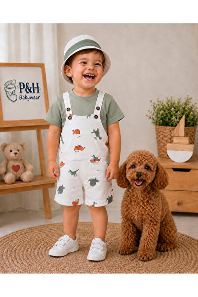 P&H BABYWEAR Baby Boy Dinosaur Patterned 3-Piece Summer Salopet Set with Safa...
