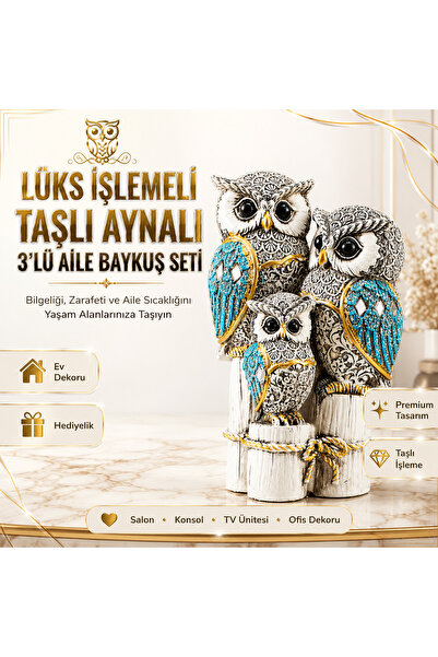 e-life shop Lüks İşlemeli Taşlı Aynalı 3'lü Aile Baykuş Biblo Premium Ev Ofis...