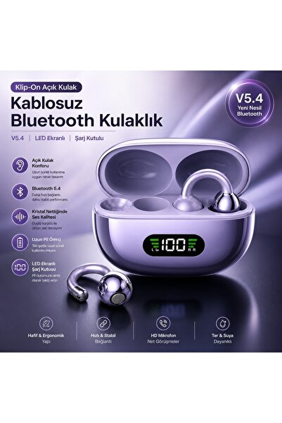 Voground K01 klip-On Açık Kulak Kablosuz Bluetooth Kulaklık V5.4 LED Ekranlı ...