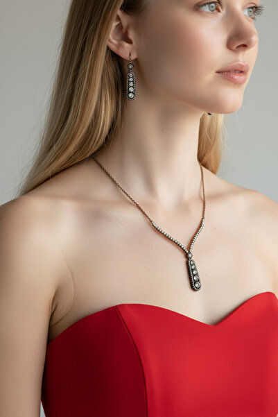 FUYA JEWELLERY Oval Taş Sıralı Kolye, Küpe Set