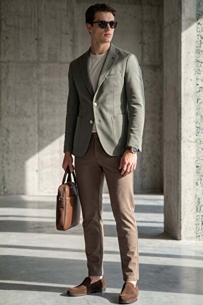 İmza Khaki Mono Collar Gofreli 6 Drop Slim Fit Flexible Jacket 1002260151