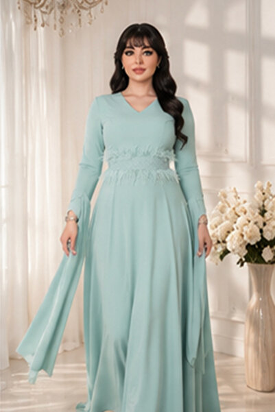 Stylish Fashion فستان من ستايلش فاشن تركي طويل بحزام مزين بالكريستال والريش