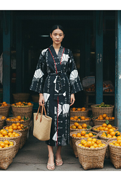 Magic BAlance Japon Yelpaze Desenli Kaligrafig Kadın Kimono | 888Balance