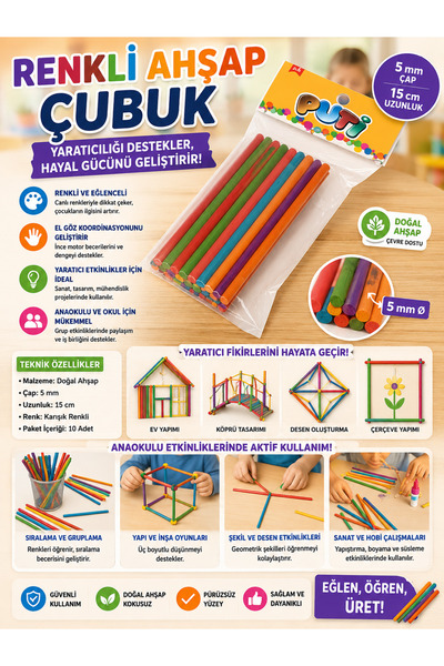 Puti Ahşap Renkli Çöp Çubuk 24lü