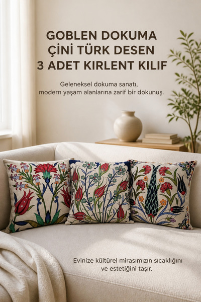 KIRLENT EV Goblen Dokuma Çini Türk Desen 3 Adet Kırlent Kılıf
