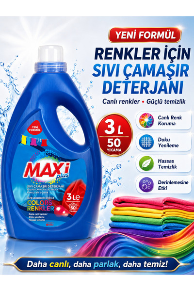 MAXİ Sıvı Çamaşır Deterjanı Renkliler İçin 3 L – Makine Yıkama ve Çamaşır Bakımı