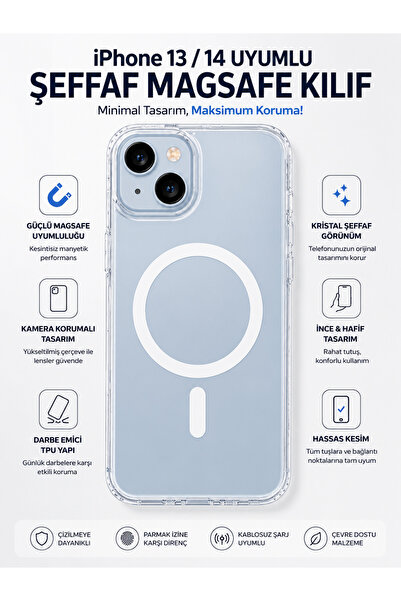 Powerfox iPhone 13 Uyumlu Kristal Parlak Magsafe Özellikli Kutulu Şeffaf Kılıf