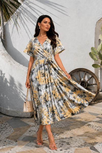 msm fashion Women's Dress Long Patterned Short Sleeve Belted Double Breasted ...