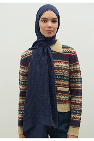 Freshscarfs Monogram Pamuk Floş Jakarlı Şal Gece Mavisi