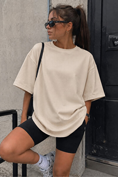 Madmext Beige Oversize Basic Women's T-Shirt