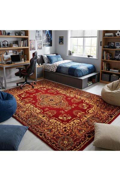 Carpettex Kırmızı Klasik Halı Desenli Dijital Baskılı Kaymaz Tabanlı Salon Halısı Dijital Baskı Halı 7 mm