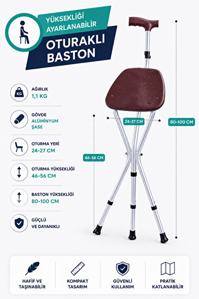 Comfort Plus DM-74 Oturaklı Baston (Yüksekliği Ayarlanır)