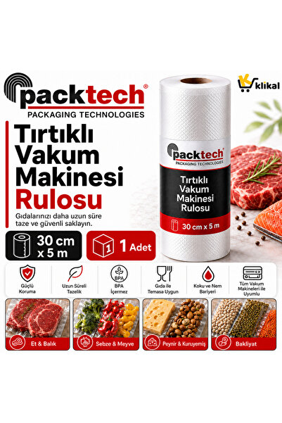 Packtech 30 Cm X 5 Metre Rulo Tırtıklı Vakum Makinesi Poşeti Makinası Torbası