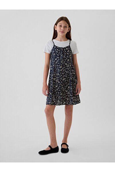 GAP Kız Çocuk Lacivert Çiçek Desenli Düğmeli Slip Elbise