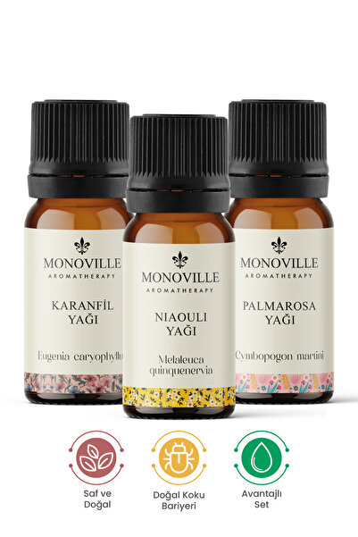 Monoville Nioli Yağı 10 ml, Karanfil Yağı 10 ml, Palmarosa Yağı 10 ml 3'lü Se...