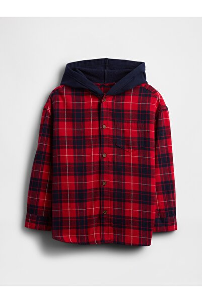 GAP Erkek Çocuk Bordo Relaxed Kapüşonlu Flannel Gömlek