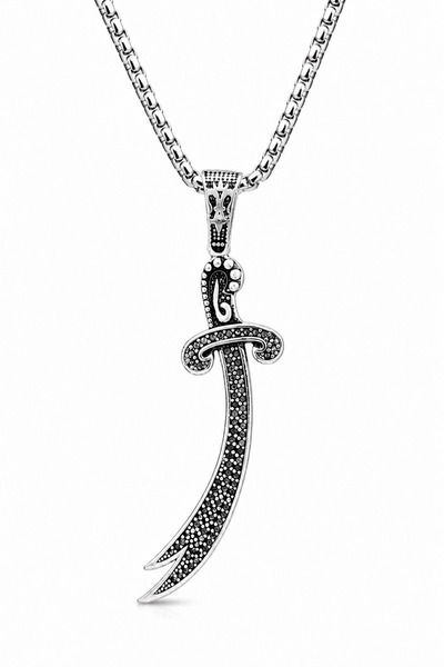 AK STORE SİLVER Erkek, Zülfikar kılıç Siyah Zirkon Taşlı K-181 Paslanmaz Krom...