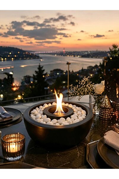 CALVEN&CO Çakıl Havuzlu Siyah Masaüstü Şömine | Ateş Çukuru ( Dekoratif Taş v...