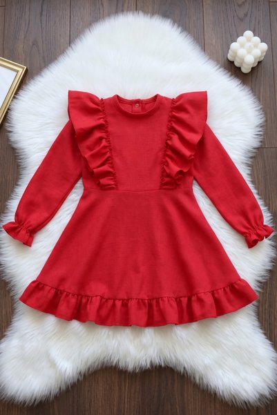 Parla Kids Girl's Catherine Red Bow Ruffle Long Sleeve Linen Dress April 23 October 29 Show Outfit