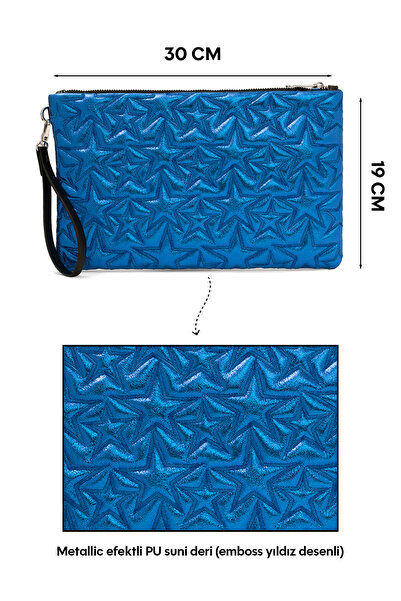 Ecrou Yıldız Desenli Saks Parlak Portföy & Clutch Çanta Çıkarılabilir Bileklik Askılı 30 x 19 cm