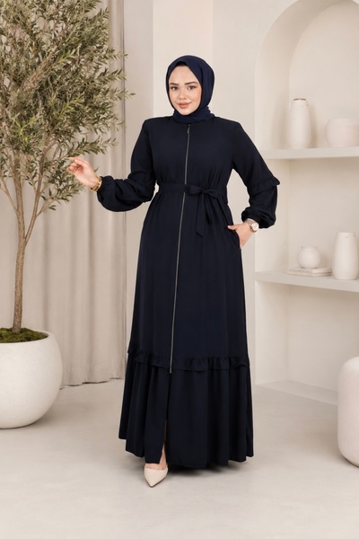 MODAASİ Medine İpeği Modern Kesim Fırfır Detaylı Tesettür Ferace