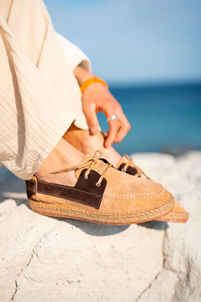 by selvi Lukka Shoes Fleur Genuine Leather Beige Garnished Lace up Espadrille