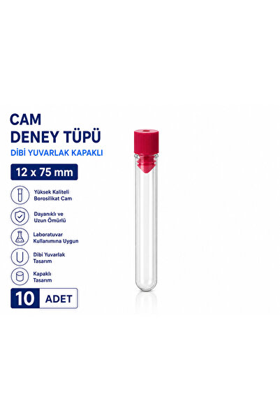 Labolist 12x75 Mm Cam Deney Tüpü Dibi Yuvarlak Kapaklı 10 Adet Laboratuvar Te...
