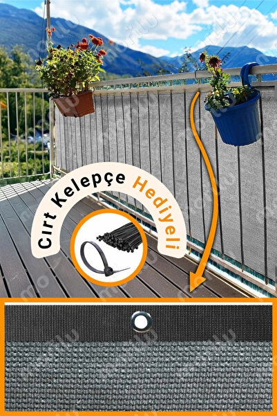 Morilu %95lik GRİ RENK Balkon Perdesi - SİYAH Şeritli Halkalı - Balkon Demiri...