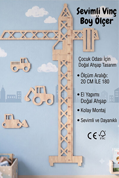 MEZORA Vinç Ahşap Çocuk Boy Büyüme Grafiği Cetvel / Aile Bebek Çocuk Boy Odas...