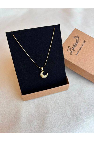 Luviant 316L Steel Gold Zircon Stone Moon and Star Figured Non-Tarnish Women's Necklace - Anti-Allergic