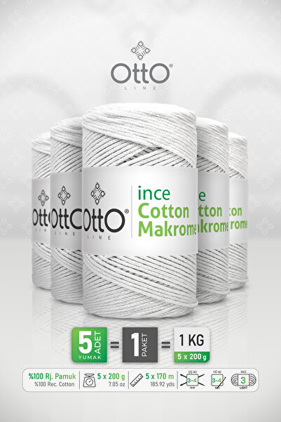Otto Macrame din bumbac subțire - Alb - Pachet de 5 - 2mm/200gr/170m - Macram...