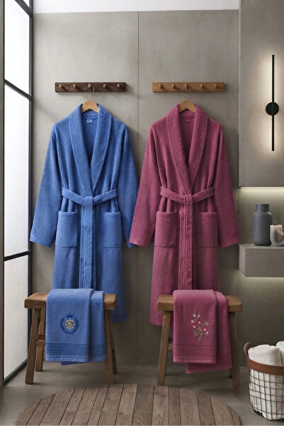 VENTİ VENTİSCA Homely Premium 100% Cotton Embroidered Bathrobe Set 4-Piece Tu...