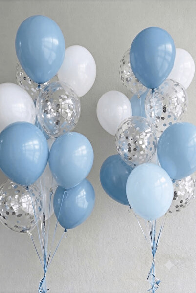 FESTİVALOON Makaron Mavi Beyaz Açık Mavi Şeffaf Gümüş Konfetili Balon Seti 20...