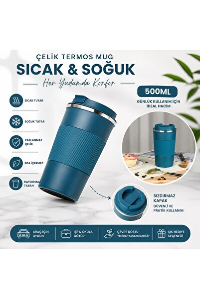 BATBAT 304 Pazlanmaz Çelik 510 Ml Kaydırmaz Lastikli Termos Bardak Mug Araç K...