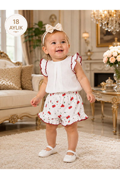TİJK Baby Girl Cherry Patterned Ruffle Blouse Shorts 2-Piece Summer Set