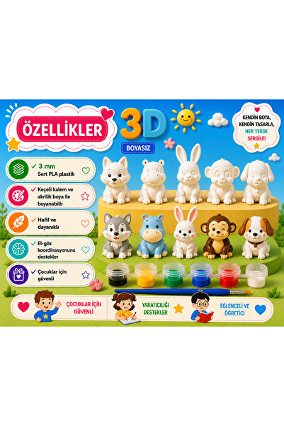 Boyanabilir Hayvan Figürleri Seti 5'li – 3D Baskı Hobi ve Boyama Kiti