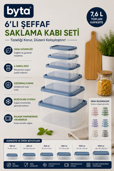 BYTA 6-Piece Rectangular Food Storage Container Set 300 ml + 500 ml + 800 ml ...