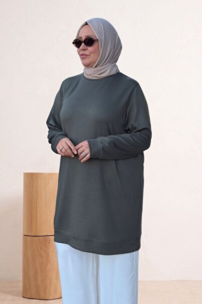 Eslina 68052 Büyük Beden Kendi Kumaşından Ribanalı Modal Tunik - Haki