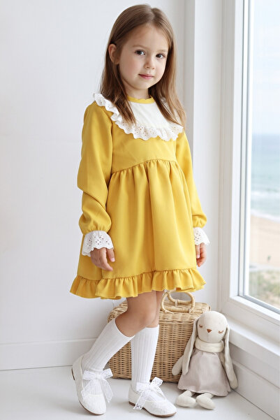Parla Kids Kız Çocuk Ruby Hardal Uzun Kollu Dantel Detaylı Fırfırlı Elbise