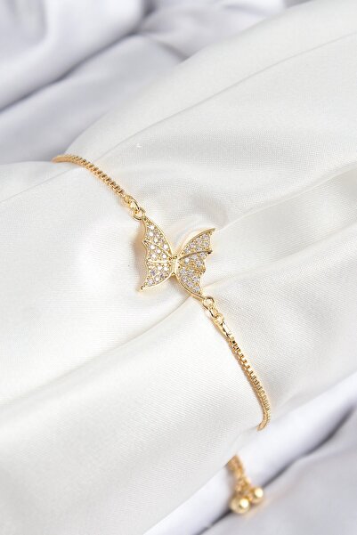 Inure Jewelry سوار نسائي من النحاس والزركون على شكل فراشة مصعد ذهبي اللون